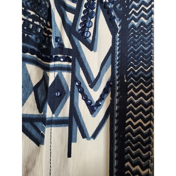 Chico's 1 Womens medium Denim Jacket Lightweight Open Front Blue Printed Sequins - Picture 2 of 8